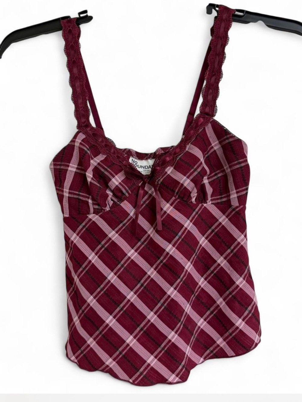 No Boundaries Burgundy Plaid Lace-Trim Cami